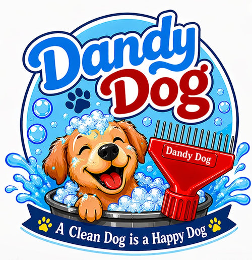 Dandy Dog Logo showing happy dog and the Dandy Dog Pet Washing Attachmene